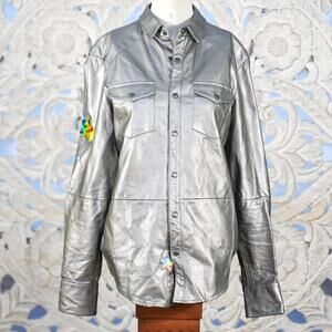INC Faux Leather Silver Shirt Jacket Women’s S Snap Button Metallic Sequin Stars